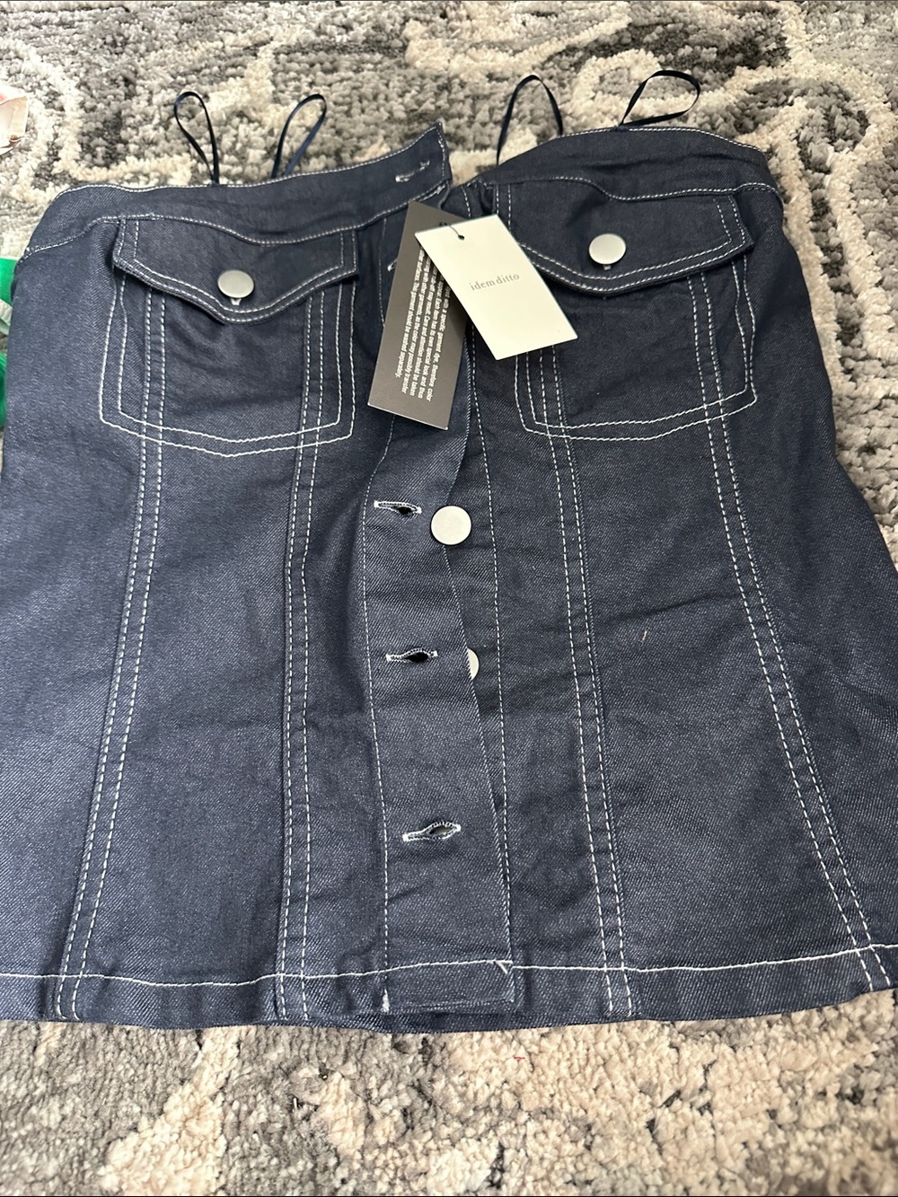 Denim Button-Front strapless top with Contrast Stitching - Navy